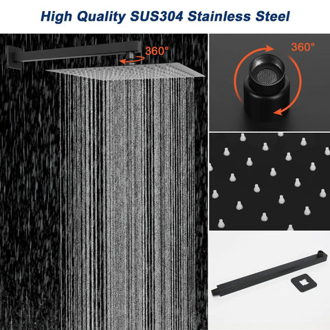 12 Inch Square Rain Shower Head With Extension Arm And Handheld Combo High Pressure All Metal Shower System With Brass Valve Rust Resistant 304 Stainless Steel Head Leak Proof Matte Black Finish, water flow and components displayed.
