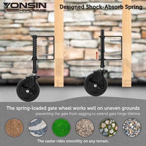 4 Inch Heavy Duty Spring Loaded Gate Caster Wheel With Side Brake 360 Degree Swivel for Wooden Gates Metal Tube Gates