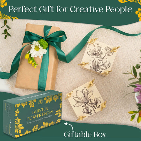 Ultra Portable 3x3 Inch Flower Press Kit Two Pack For Adults with decorative botanical designs and gift box