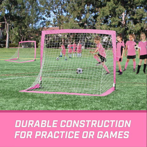 Team Tone 4 Feet By 3 Feet Pop Up Soccer Goals For Kids Set Of 2 Portable Backyard Nets With 6 Stakes Pink For Easy Setup And Backyard Practice And Games Great For Backyard Fun