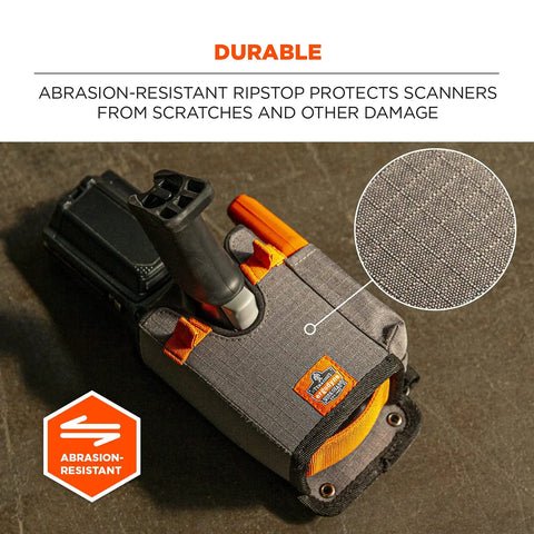 Close-up of gray Barcode Scanner Holder And Equipment Mount for Gun Grip Mobile Computers, showing abrasion-resistant material.