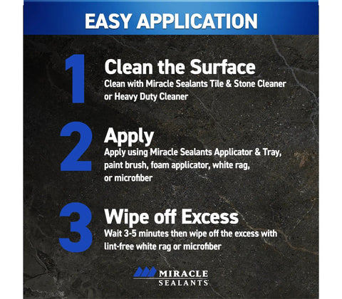 Instruction guide showing steps to apply 511 H2O Plus Water Based Penetrating Sealer For Countertops Stone Tile And Grout Indoor Outdoor.