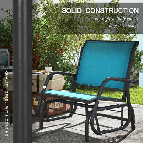 Set Of 2 Porch Glider Chairs With Metal Frame Breathable Mesh Curved Armrests High Back For A Smooth Chill Glide Fast Drying Outdoor Seating For Garden Poolside Balcony Backyard Blue, showing one glider chair in a garden setting.