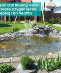 Outdoor koi pond with All In One Pond Filtration System With 660GPH Fountain Pump Kit, clear water and healthy fish.