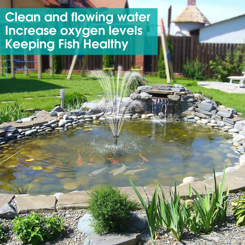 Outdoor koi pond with All In One Pond Filtration System With 660GPH Fountain Pump Kit, clear water and healthy fish.