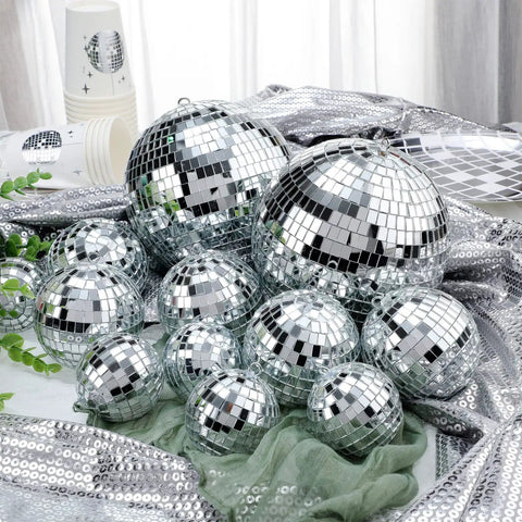 17 Piece Disco Ball Decor Set with 6 inch, 3 inch, and 2 inch silver mirror balls for stage, club, and wedding decor.
