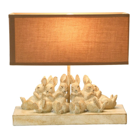 Whitewashed Rabbit Table Lamp With Sand Colored Linen Shade Cute Bunny Night Light For Farmhouse Nursery And Woodland Decor Cozy Bedroom Accent With Six Sleeping Baby Bunnies At The Base