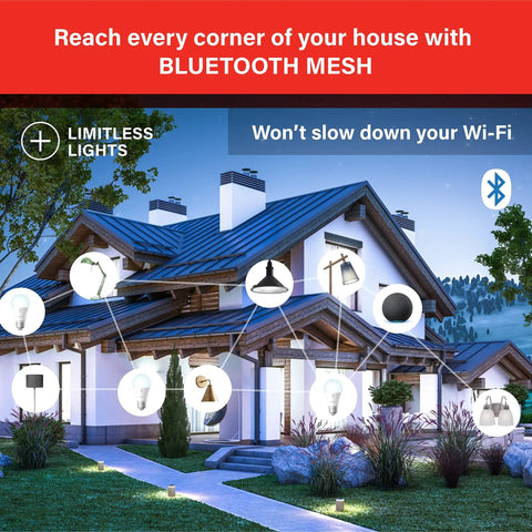 Smart home with limitless lights and Bluetooth mesh connectivity shown on a house exterior with trees and garden at evening.