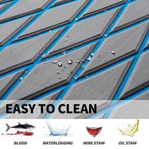 Close-up of Self-Adhesive EVA Foam Boat Decking in gray with blue lines, showcasing water droplets on the non-slip surface.