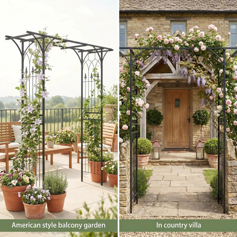 Steel Garden Arch For Climbing Plants 6 Ft 9 In High By 4 Ft 11 In Wide Weather Resistant Black Epoxy Finish Outdoor Yard Arbor Built To Show Off Vines And Flowers Easy Setup For Your Patio Garden Lawn Backyard in American balcony garden.