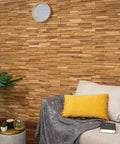 Dope 3D Teak Wood Wall Panels Set Of 10 Handmade Planks For Modern Wall Decor behind sofa, natural teak finish, no tools required