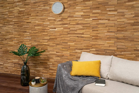 Dope 3D Teak Wood Wall Panels Set Of 10 Handmade Planks For Modern Wall Decor behind sofa, natural teak finish, no tools required
