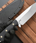 Rugged AUS 10 Fixed Blade Knife With Carbon Fiber Handle Full Tang Outdoor Survival Knife With Sheath, shown with sheath on wood surface.