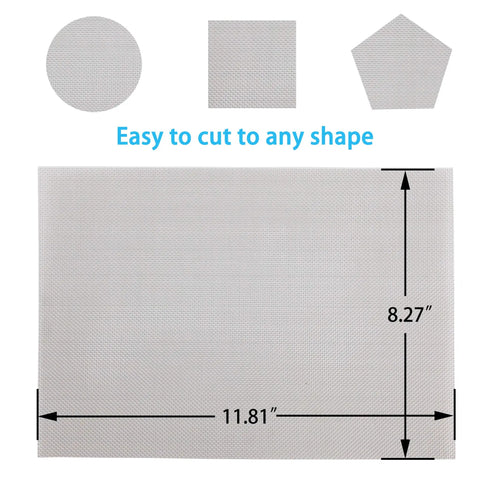 Rust-Resistant 304 Stainless Steel Mesh Screen For Windows And Vents, 11.81x8.27 inches, shown in various cut shapes, 1mm holes.
