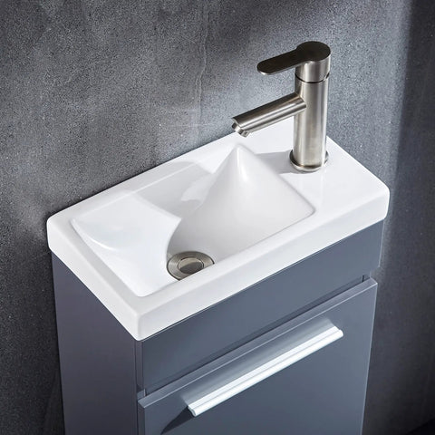 16 Inch Bathroom Vanity With Sink, White Ceramic Vessel, Wall Mounted Storage Cabinet, Modern Gray MDF Vanity For Small Bathrooms