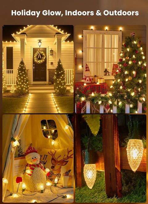 Outdoor Twenty Five Point Seven Feet 20 LED C9 Christmas String Lights with Strawberry Shell Stakes illuminating houses and trees