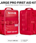SurviveX Large Pro First Aid Kit, red case, front and back views with handles and MOLLE straps.