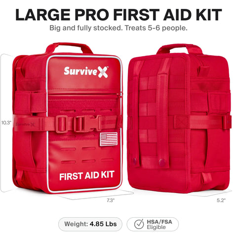 SurviveX Large Pro First Aid Kit, red case, front and back views with handles and MOLLE straps.