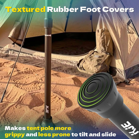 4 Pack Adjustable Heavy-Duty Tarp Poles With Ground Stakes And Guylines, yellow caps on outdoor sand surface, tent setup