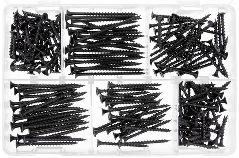 Drywall Screw Assortment Kit 220-Piece Coarse-Thread Steel Phillips-Head Screws in a storage case for DIY home repairs.