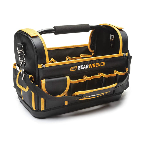 16 Inch Handled Tool Tote Bag With Reinforced Bottom And Water Resistant Construction 42 Inch Removable Adjustable Strap With Padded Shoulder Built For Easy Tool Organization And Effortless Transport On The Jobsite.