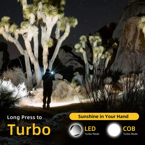 Person using 1200 Lumen Mini USB C Rechargeable Flashlight With Clip For Pocket EDC in desert at night, lighting up trees.