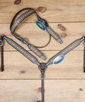 Western Horse Headstall And Breast Collar Tack Set Crafted From Genuine Argentina Cowhide Leather With Geometric Tooling on wood background.
