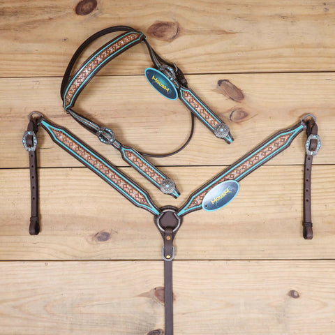 Western Horse Headstall And Breast Collar Tack Set Crafted From Genuine Argentina Cowhide Leather With Geometric Tooling on wood background.