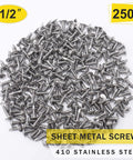Heavy Duty 410 Stainless Steel Number Eight Half Inch Self Tapping Screws For Metal And Wood Two Hundred Fifty Piece Pack in a pile.