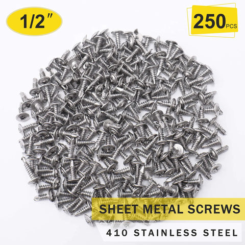 Heavy Duty 410 Stainless Steel Number Eight Half Inch Self Tapping Screws For Metal And Wood Two Hundred Fifty Piece Pack in a pile.
