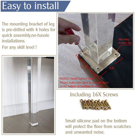16 Inch Clear Acrylic Furniture Leg Set Of 4 For Coffee Tables Desks And Benches Modern Transparent Replacement Legs Square Style Super Durable DIY Friendly Mounting Mid Century Vibe Fits Many Furniture