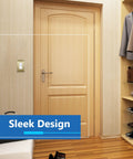 Brushed Brass Stainless Steel Wall Plate 1-Gang Outlet Cover mounted near wooden door in hallway, emphasizing sleek design.