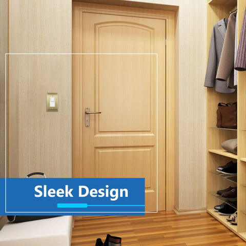 Brushed Brass Stainless Steel Wall Plate 1-Gang Outlet Cover mounted near wooden door in hallway, emphasizing sleek design.