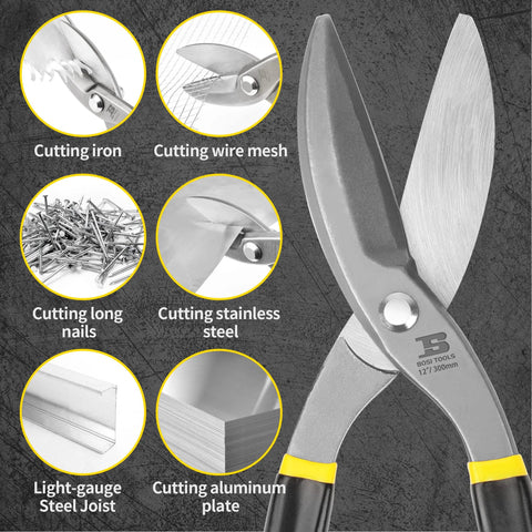 B BOSI TOOLS tin snips, 12-inch flat-blade metal cutters with rubber-dipped handles for cutting sheet metal
