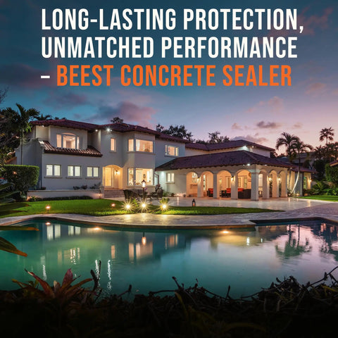 Kick Weather Off Your Slab With This Contractor Grade Concrete Sealer Concentrate Makes Five Gallons, modern home and pool at dusk.