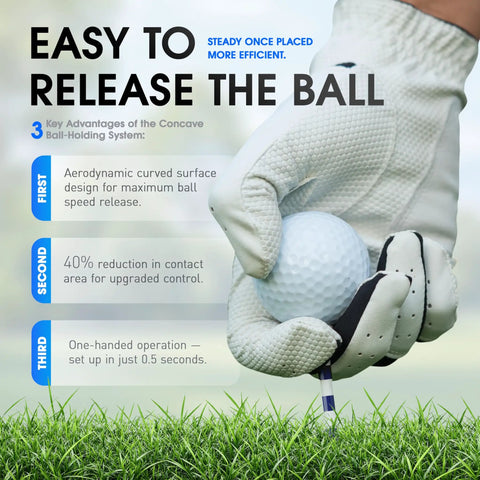 Gloved hand holding golf ball above Pro Grade Plastic Golf Tees 152 Pack Set With 120 Tees At 3.25 Inches And 32 Tees At 1.5 Inches Ultra Durable
