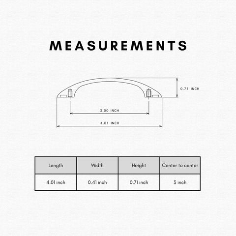 Diagram showing measurements of Oil Rubbed Bronze Dresser Handles 10 Pack Modern Arched Cabinet Pulls with 3-inch center to center hole.