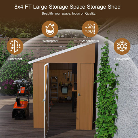 Heavy Duty Metal Tool Shed With Windows Lockable Door And Ventilation Weatherproof Outdoor Storage For Backyard And Lawn Gear 8 By 4 Feet Durable Brown Finish Built To Last For Tool Organization And Patio Equipment