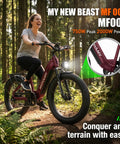 Woman riding Fat Tire Electric Bike With 24In Wheels, 2000W Peak Motor, 48V 18.5Ah Removable Battery through a forest