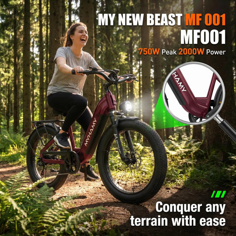 Woman riding Fat Tire Electric Bike With 24In Wheels, 2000W Peak Motor, 48V 18.5Ah Removable Battery through a forest