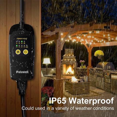 Outdoor String Light Dimmer Plug 560W with Daily Timer and Memory IP65 Waterproof beside lit patio in rain