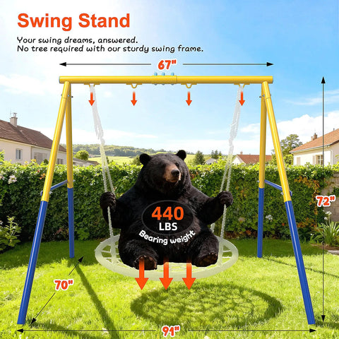 Beefy Heavy Duty Steel Swing Stand For Outdoor Use With 500Lb Capacity, Universal Swing Frame, yellow swing stand with bear