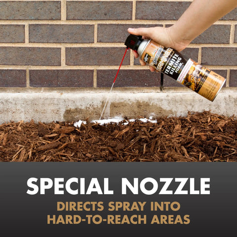 Powerful Termite Killing Foam for Indoor and Outdoor Use 16 ounces aerosol spraying into ground crevices, targeting insects