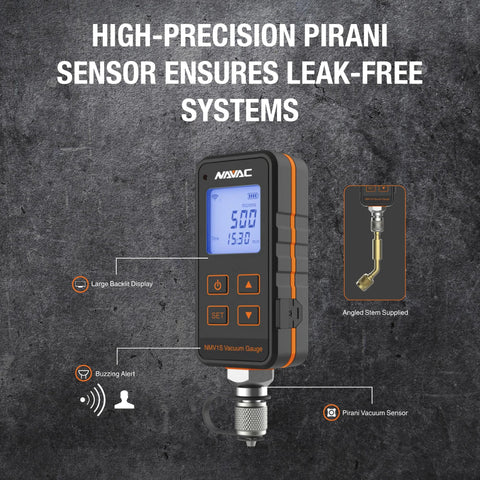 NAVAC NMV1S vacuum gauge with large backlit display, orange-and-black housing and angled stem.