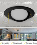 Six Inch Black Gimbal LED Recessed Canless Wafer Lights With 5 CCTs 2700K To 5000K, Dimmable 1050 Lumen, 12W Downlight, showing tilt angle