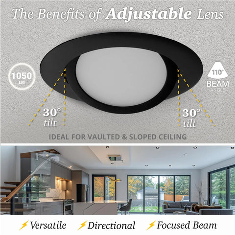 Six Inch Black Gimbal LED Recessed Canless Wafer Lights With 5 CCTs 2700K To 5000K, Dimmable 1050 Lumen, 12W Downlight, showing tilt angle