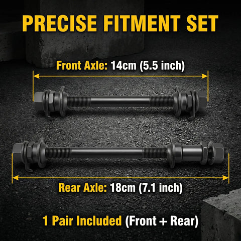 1 Pair Front And Rear Bicycle Solid Axle Set With 14cm Front And 18cm Rear Shafts, Durable Hub Axles For Mountain And Road Bikes, Universal Wheel Repair Tool Accessory For Easy On The Go Fixes shown on textured surface