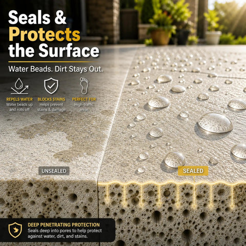 Water beading on sealed and unsealed concrete, showcasing the effectiveness of Score Some Serious Shine With This Heavy Duty Wet Look Stone Concrete Sealer That Transforms Cracked Pavers And Patios Into A Show Stopper While Locking Out Moisture Damage In This 4 Oz Trial Pack.