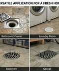 2 Inch Shower And Floor Drain Seal With Magnetic Backflow Prevention Core Hair Catcher And Automatic Odor Blocking Check Valve For Bathroom Basement And Laundry Room Drains shown in various settings.