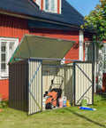 5.8x3.3 Ft Outdoor Storage Shed With Steel Frame Galvanized Metal Construction with lid open, lawn tools visible